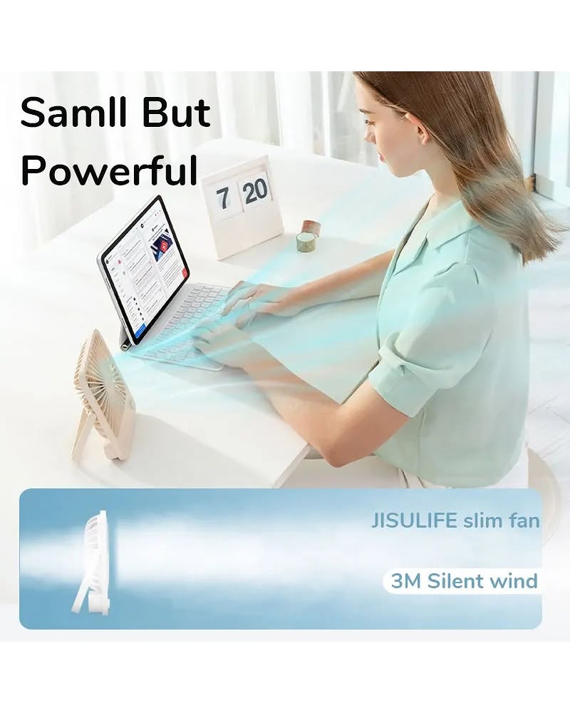 JISULIFE Portable Desk Fan – USB Rechargeable, 4 Speeds
