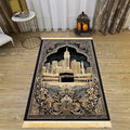 Prayer Rug – Mecca Holy Mosque Gold on Black with Tassels