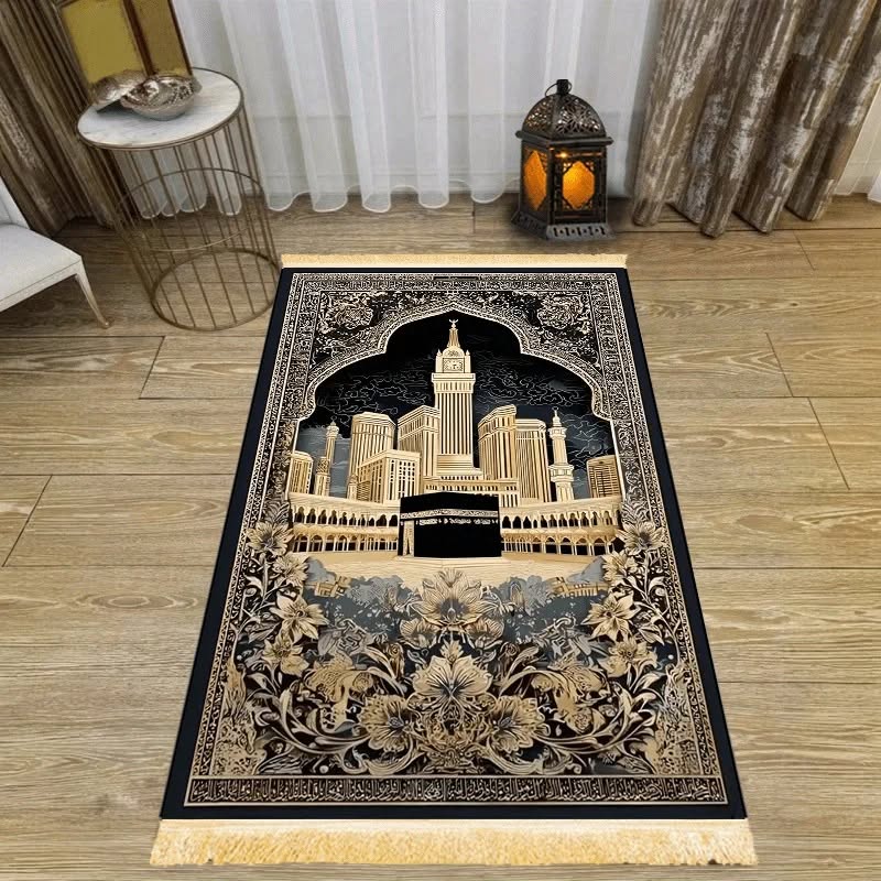 Prayer Rug – Mecca Holy Mosque Gold on Black with Tassels
