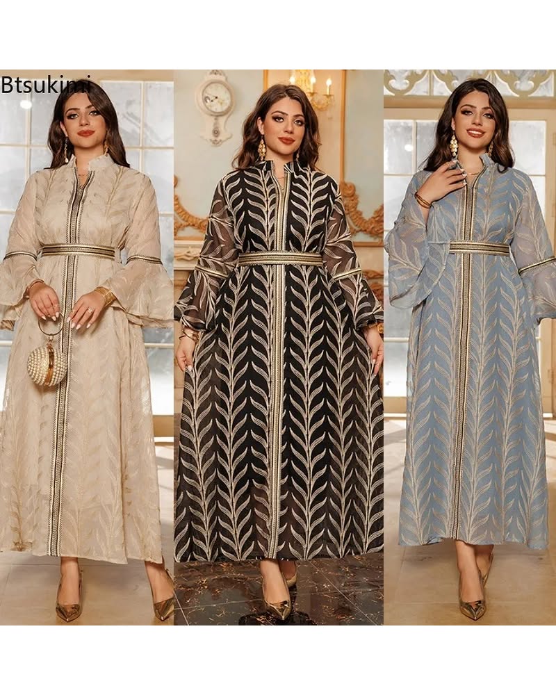 Afghan Embroidered Jalabiya Maxi Dress – Belted Luxury Kaftan Gown