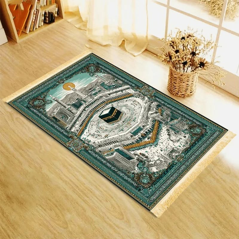 Prayer Rug – Sacred City Kaaba Panoramic Print, Teal Gold