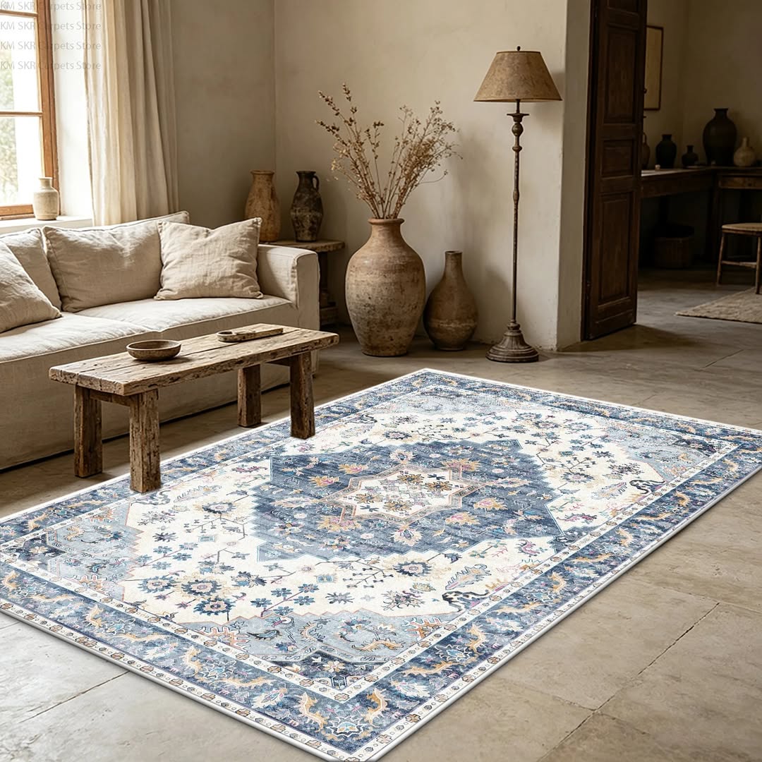 Persian Retro Distressed Area Rug – Vintage Washable Living Room Carpet