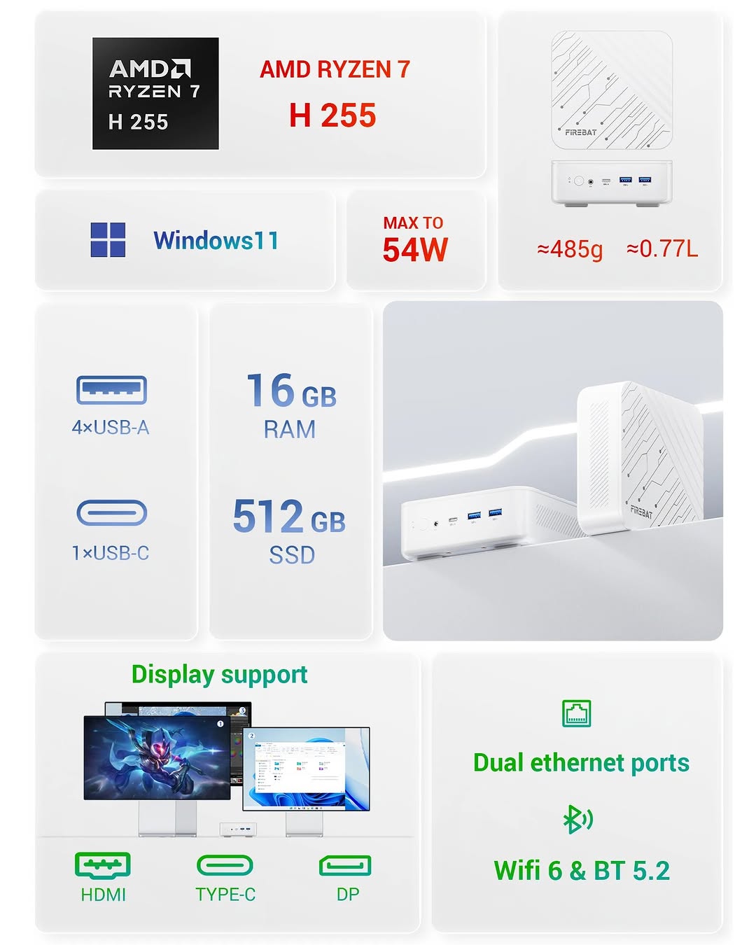 FIREBAT AM02 Mini PC – Ryzen 7 H255, 16GB RAM, 512GB SSD