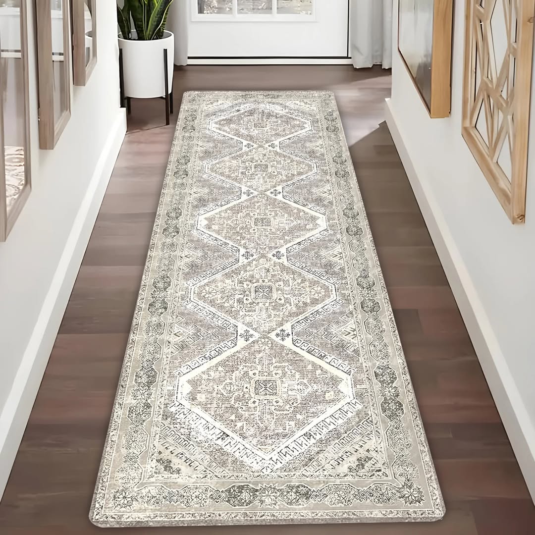 Light Grey Vintage Persian Runner Rug – Geometric Long Hallway Carpet