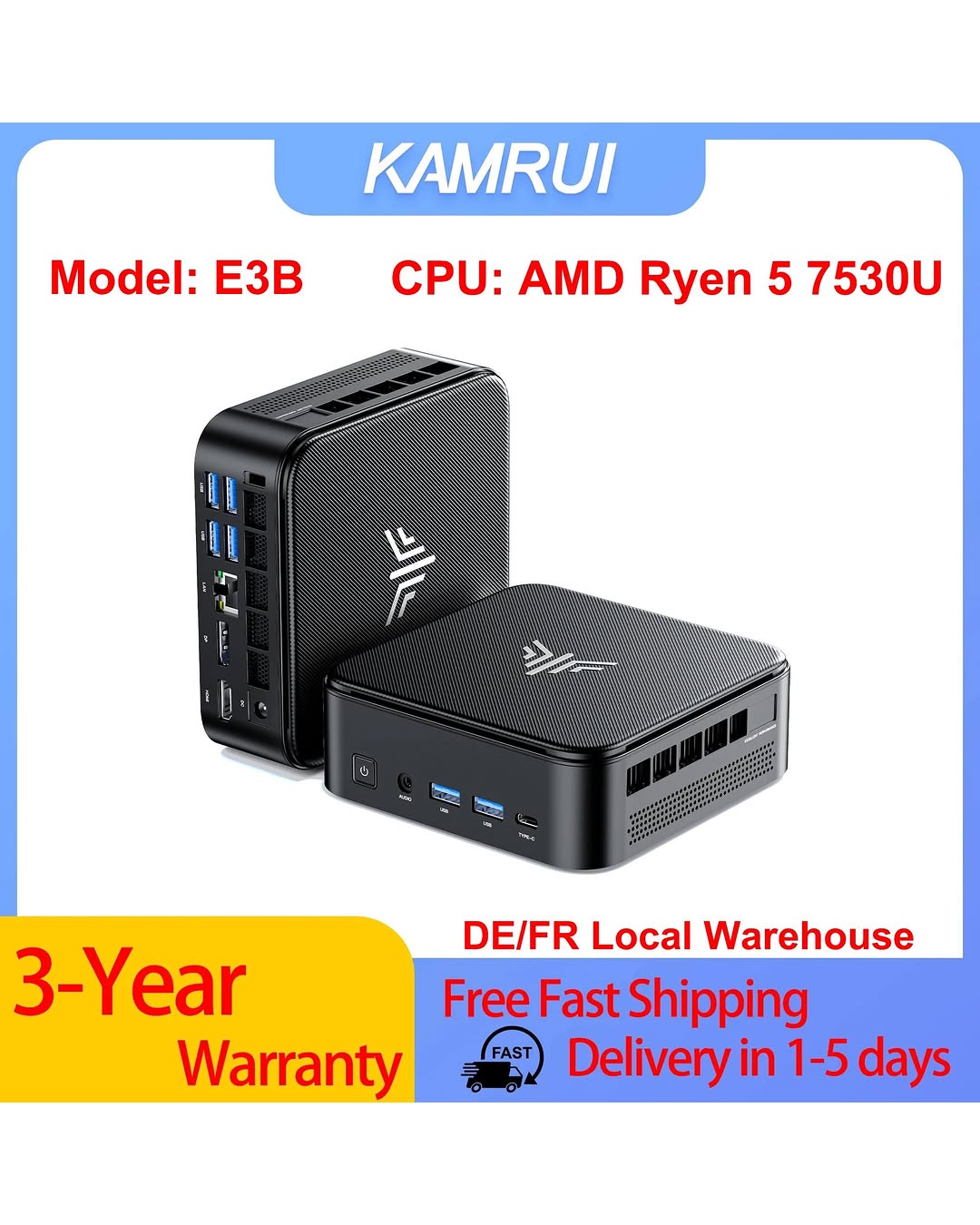 KAMRUI E3B Mini PC – Ryzen 5 7530U, 16GB RAM, 512GB SSD