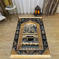 Prayer Rug – Black Gold Kaaba Design, Foldable with Fringe