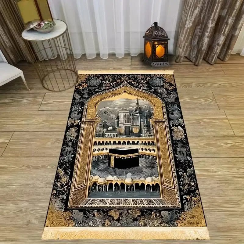 Prayer Rug – Black Gold Kaaba Design, Foldable with Fringe