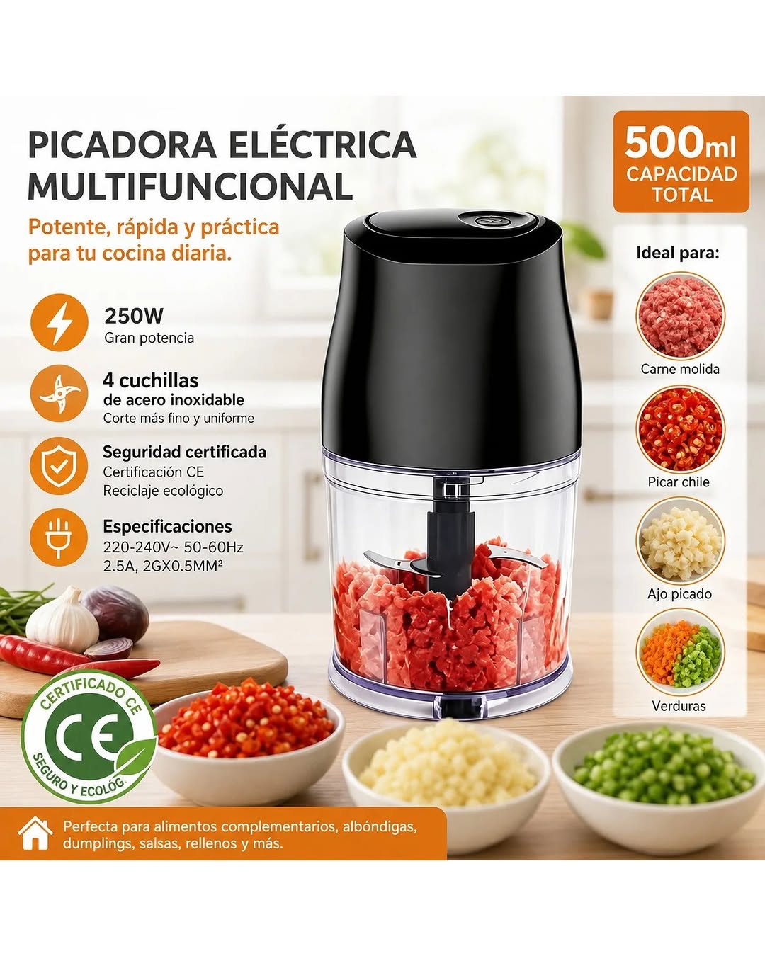 Electric Food Chopper – 500ml, 4 Stainless Steel Blades