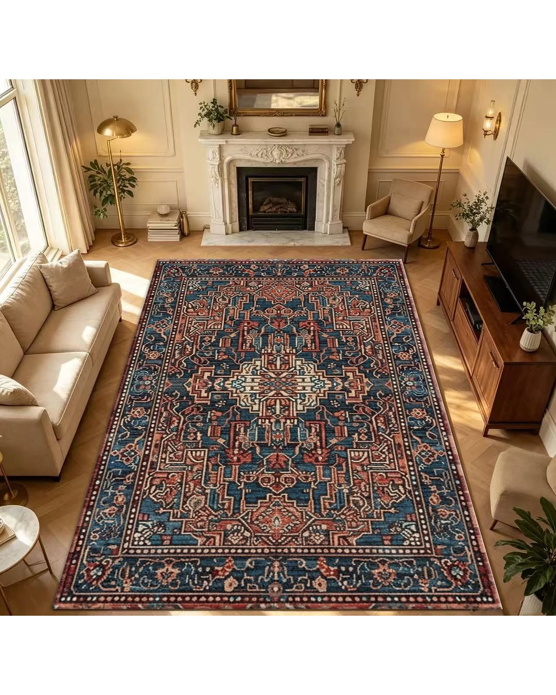 Afghan Heriz Area Rug – Blue Red Geometric