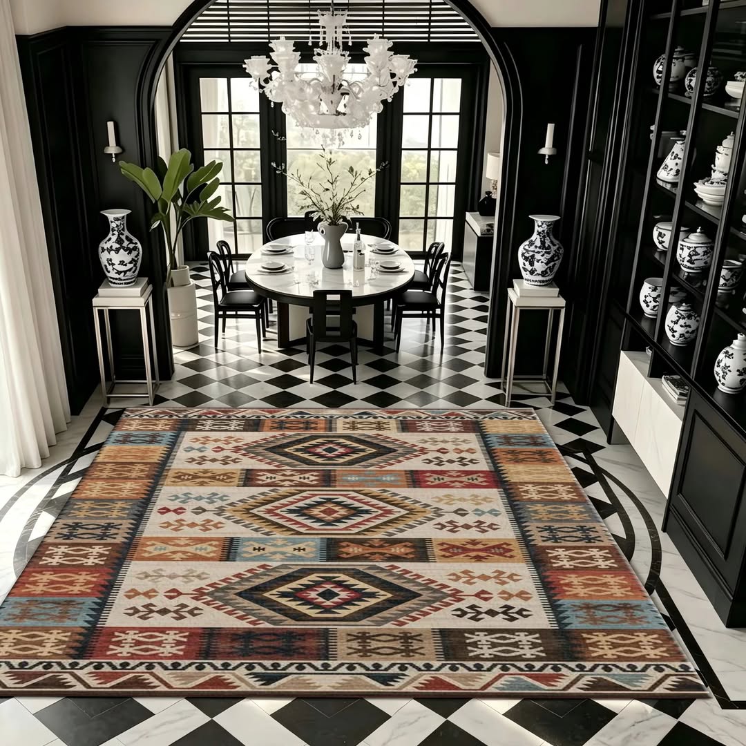 Kilim Tribal Geometric Area Rug – Boho Ethnic Woven-Look Carpet