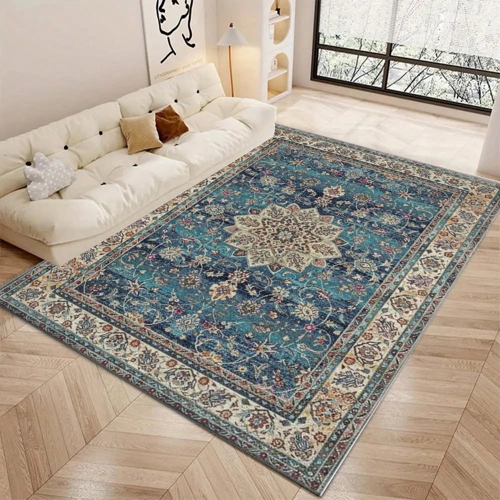 Teal Blue Persian Area Rug – Classic Medallion Vintage Carpet