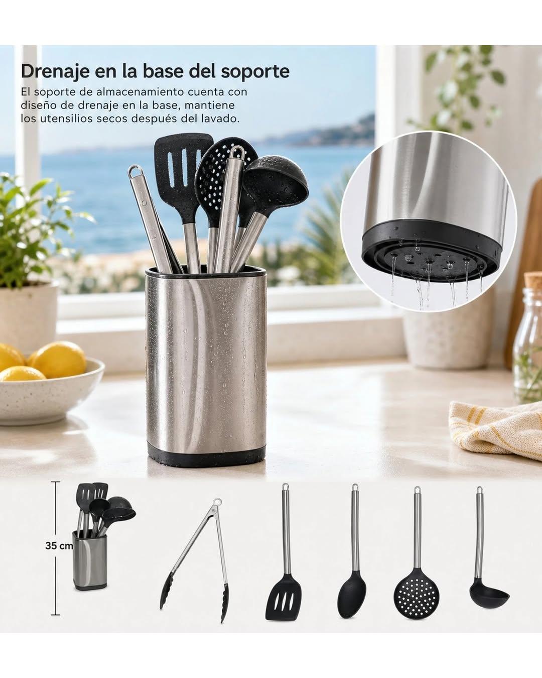 Kitchen Utensil Set – 6-Piece Stainless Steel & Nylon with Holder