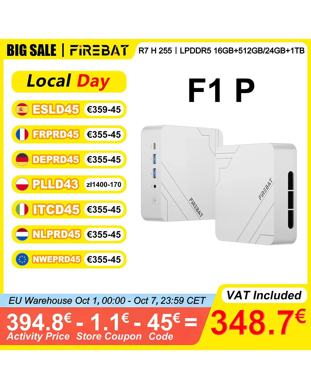 FIREBAT F1 P Mini PC – Ryzen 7 H255, 16GB RAM, 512GB SSD