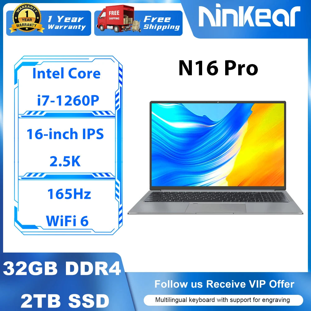 Ninkear N16 Pro 16 Inch 120Hz Laptop Intel i7 16GB RAM 1TB SSD