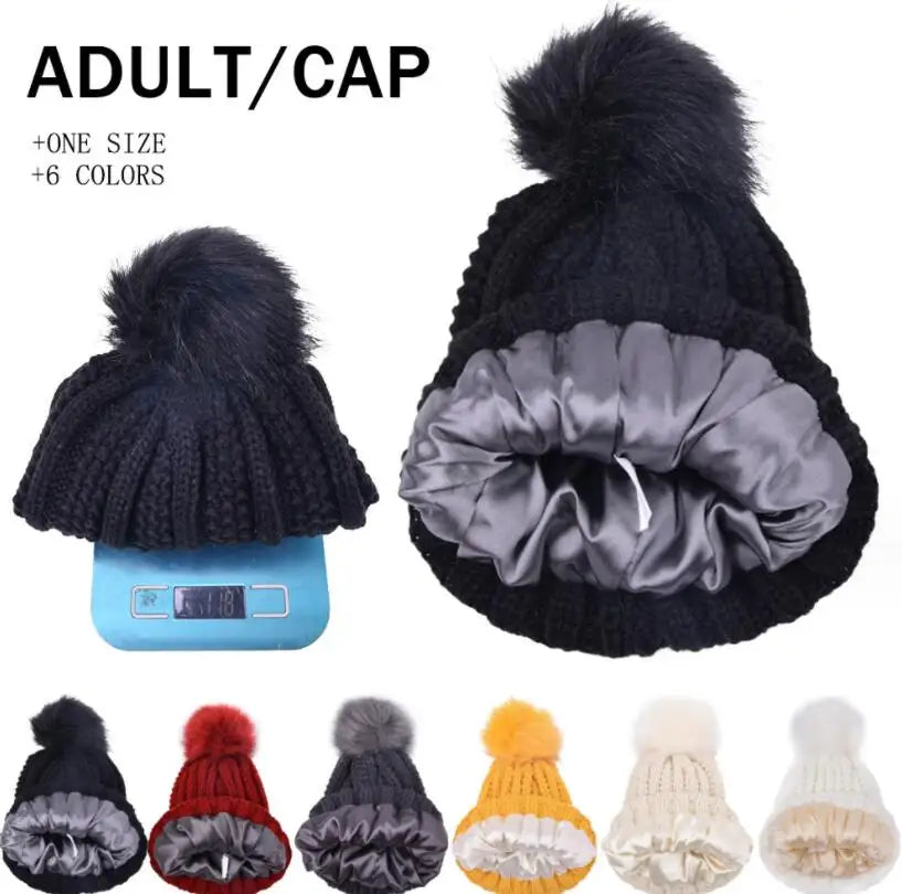 Winter Silk Satin Lined Beanie Hats Men Women Thick Warm Adult Knitted Hats With Fur Pom Pom Soft Male Female Skullies Caps