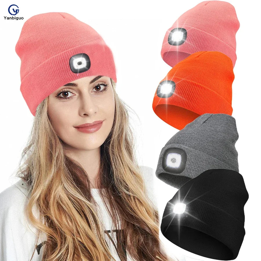 LED Beanie Hat with Light, Rechargeable Headlamp Cap, Unisex Winter Warm Knitted Hats, Headlight for Running Hiking Camping