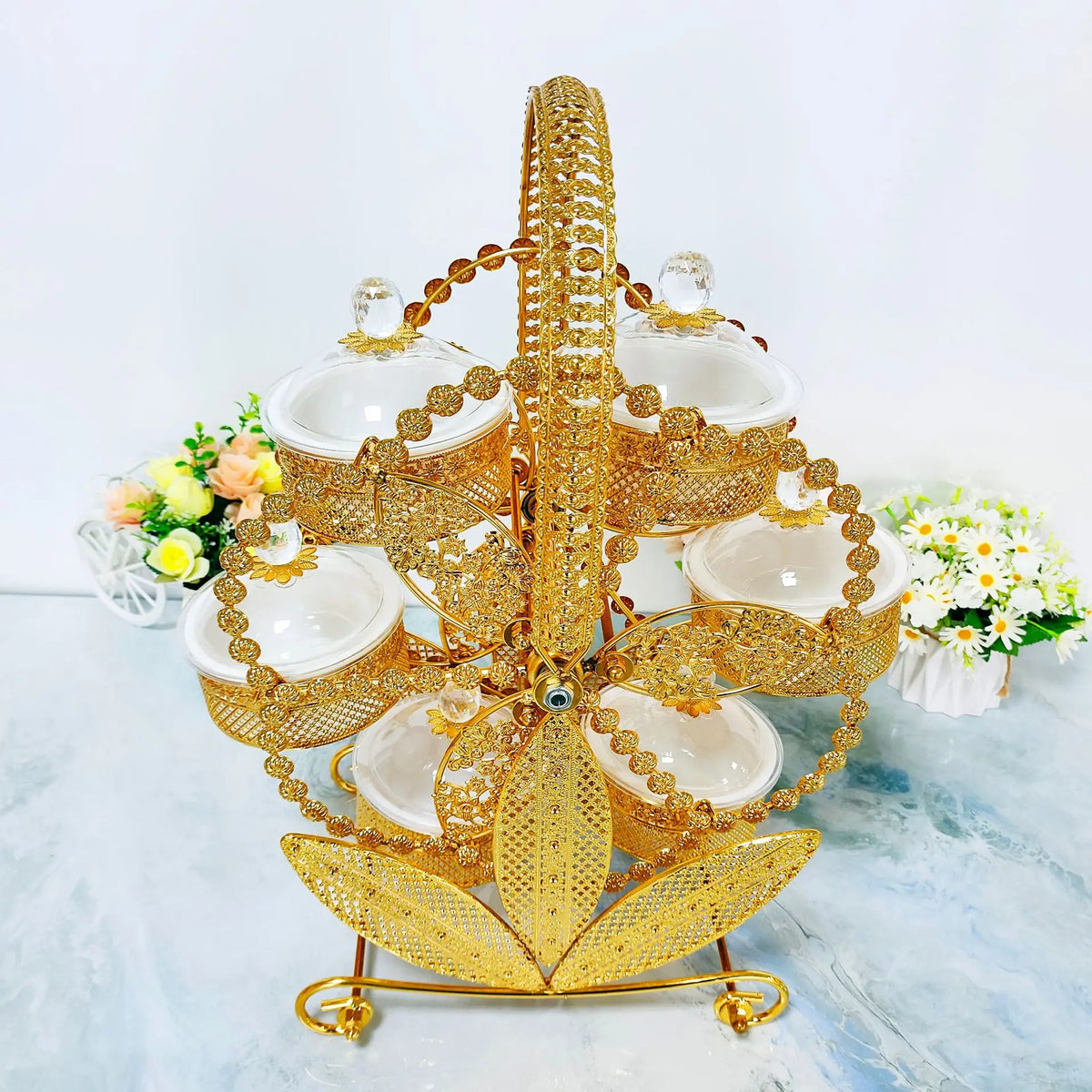 Golden Rotating Dry Fruit Box - 6 Compartments