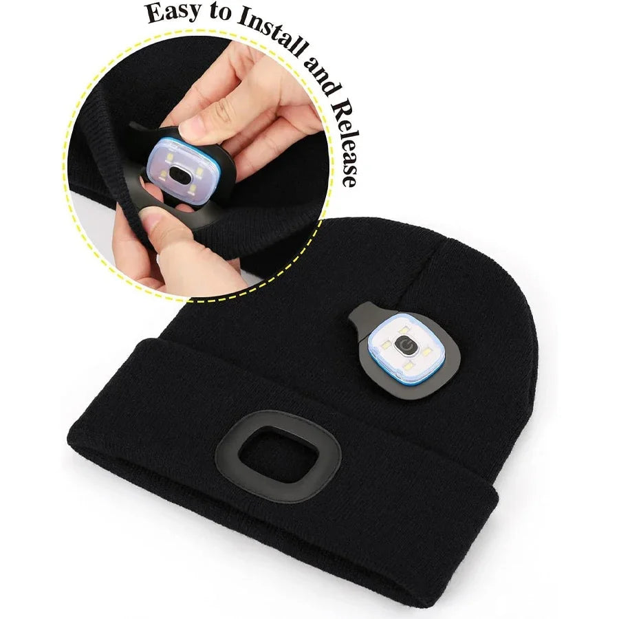 LED Beanie Hat with Light, Rechargeable Headlamp Cap, Unisex Winter Warm Knitted Hats, Headlight for Running Hiking Camping