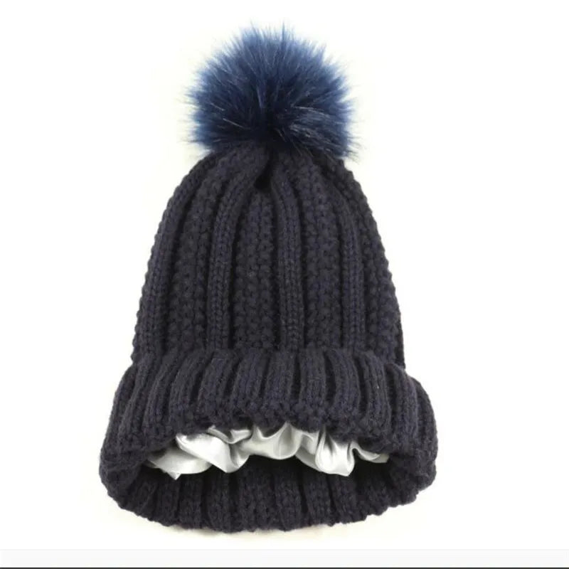 Winter Silk Satin Lined Beanie Hats Men Women Thick Warm Adult Knitted Hats With Fur Pom Pom Soft Male Female Skullies Caps