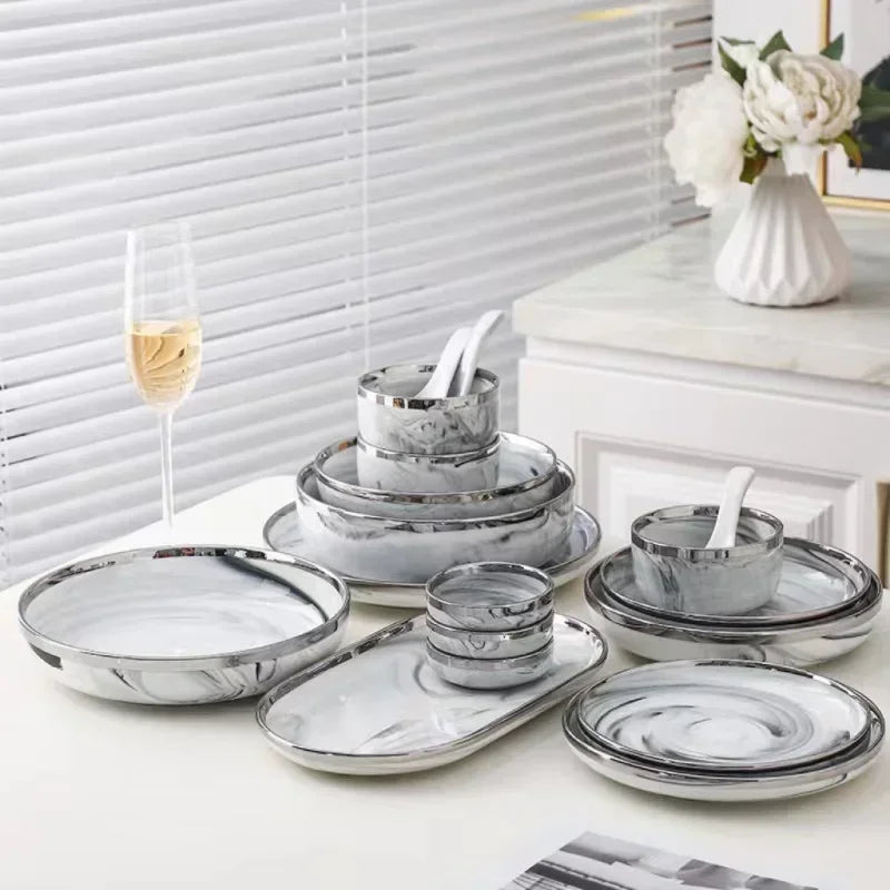 White Dinnerware Set - Silver Rim