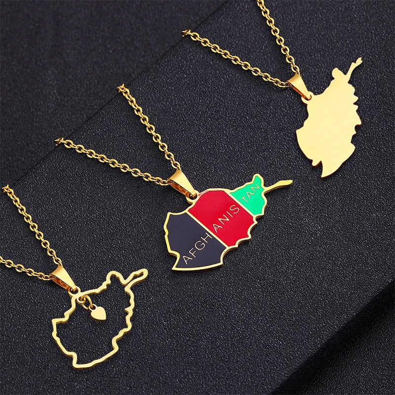 Afghanistan Map Pendant Necklace - Stainless Steel Afghan Flag Necklace