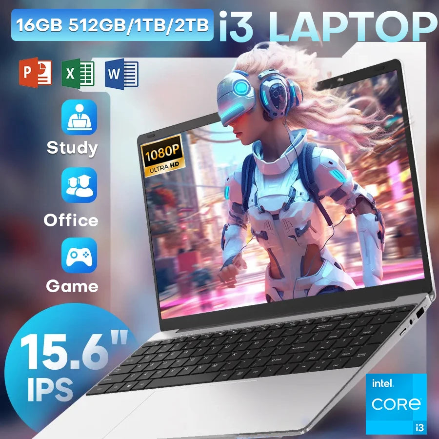 15.6" Intel i3 Laptop – 16GB RAM, 512GB SSD, Windows 11 Pro
