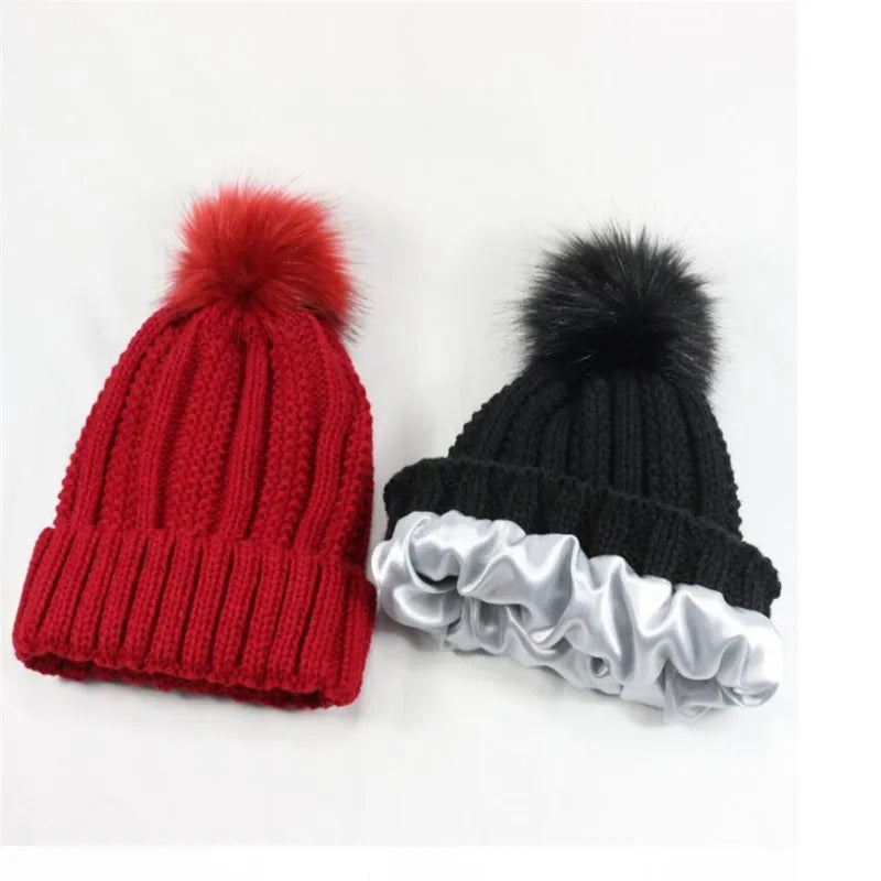 Winter Silk Satin Lined Beanie Hats Men Women Thick Warm Adult Knitted Hats With Fur Pom Pom Soft Male Female Skullies Caps