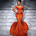 Orange Gold-Embroidered Mermaid Gown