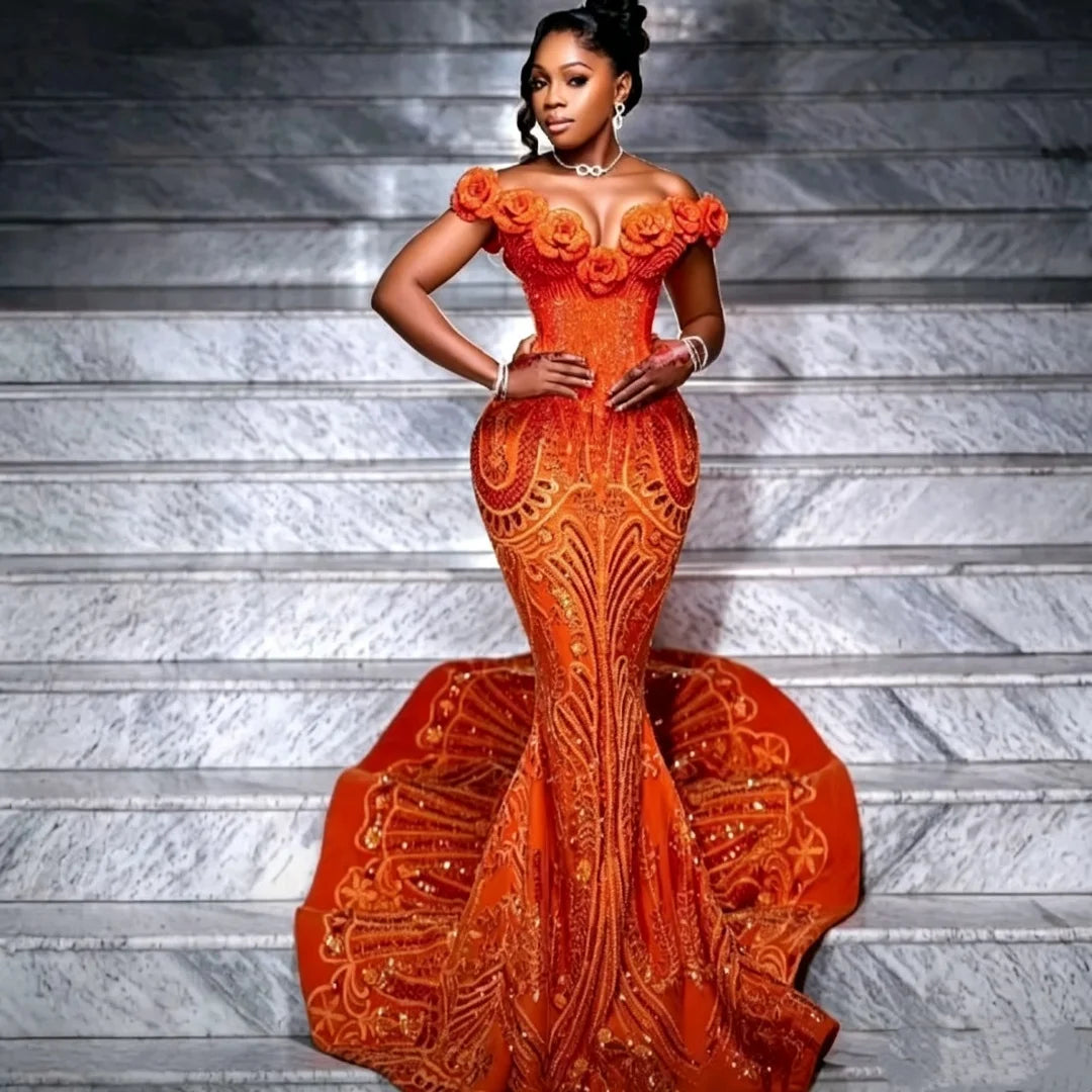 Orange Gold-Embroidered Mermaid Gown